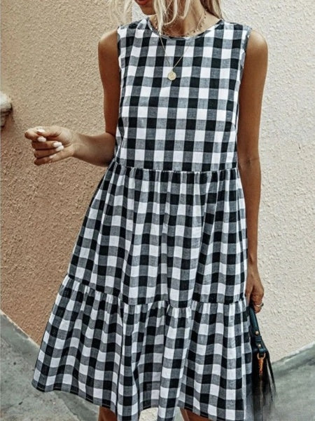 Liv - Fashion Ronde Hals Losse Vrouwelijke Ruit Jurk Taart Rok