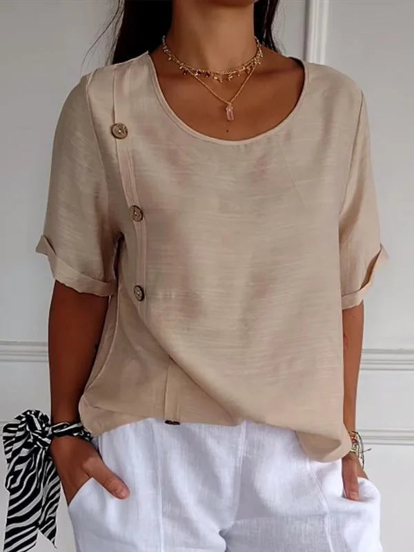 Bregje - Dames Shirt Met Casual Knoopsluiting In Katoen-en Linnen Print