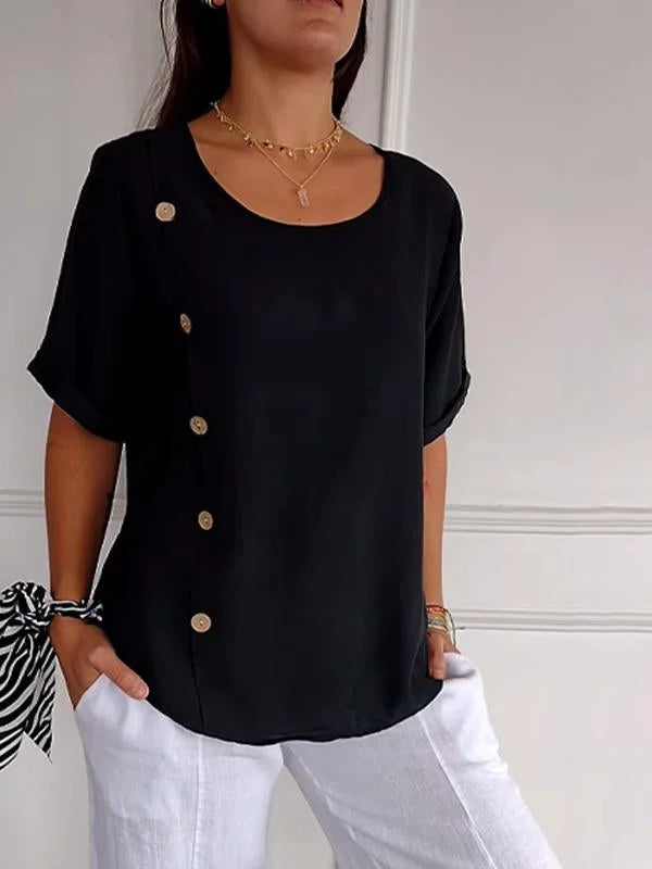 Bregje - Dames Shirt Met Casual Knoopsluiting In Katoen-en Linnen Print