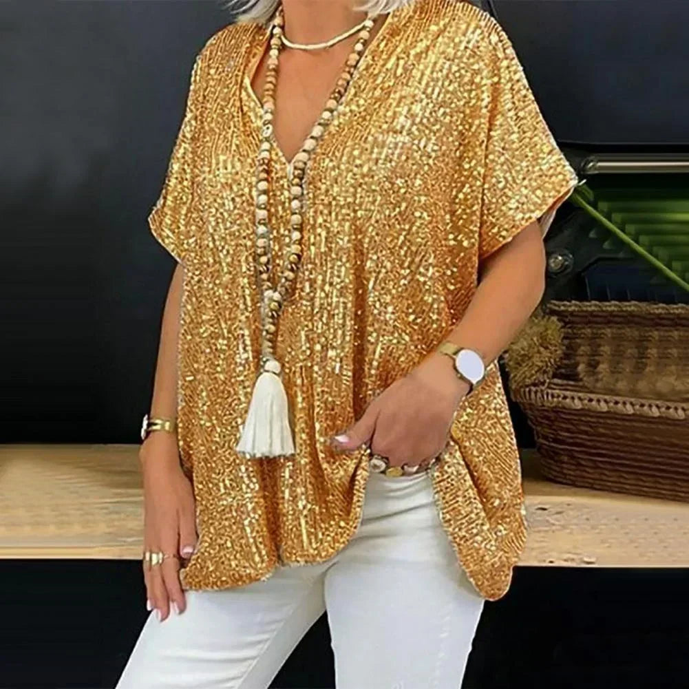 Penny - Pailletten V-Hals T-shirt