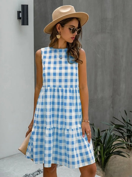 Liv - Fashion Ronde Hals Losse Vrouwelijke Ruit Jurk Taart Rok