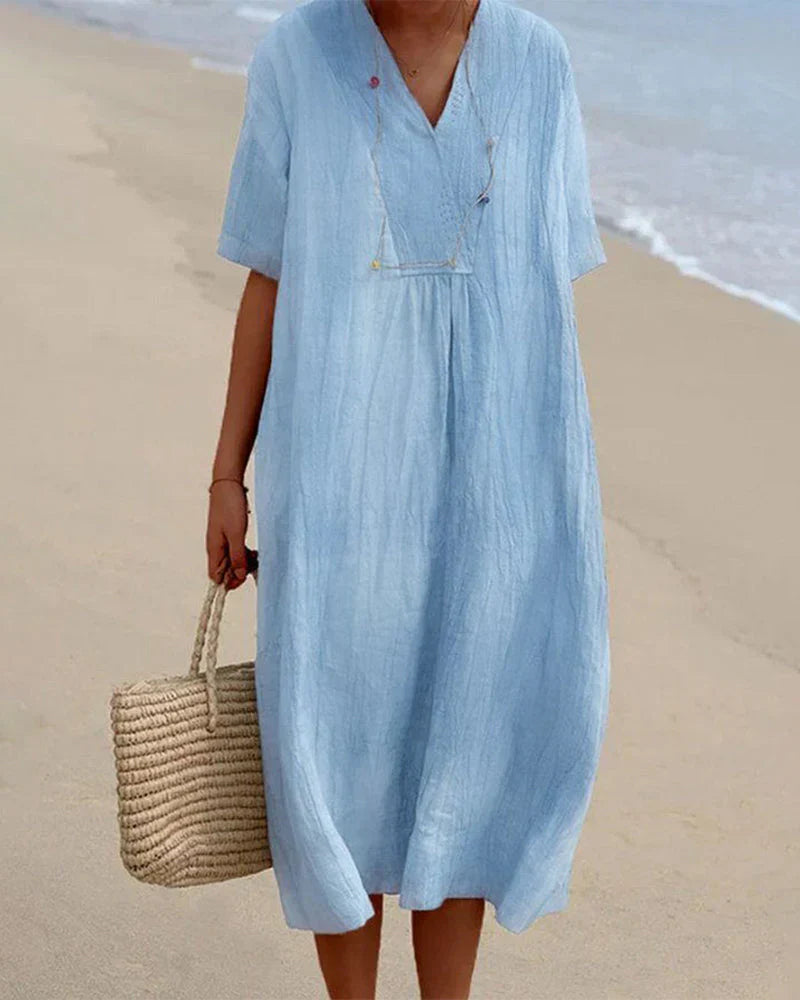 Delphine - V-hals jurk in effen kleur met halve mouw
