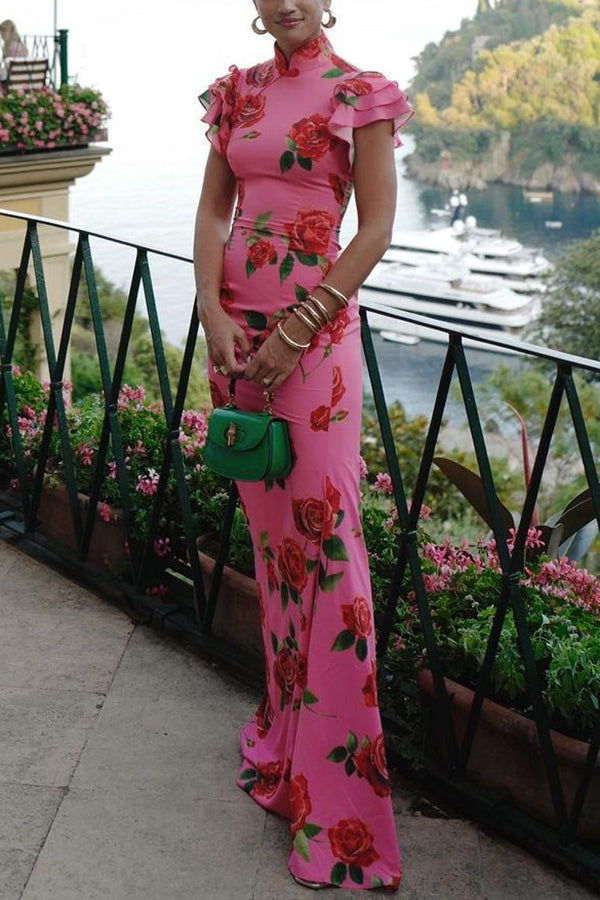 Jinte - Elegante Cheongsam Maxi Jurk Met Rozenbloemprint En Tiered Flare Mouwen