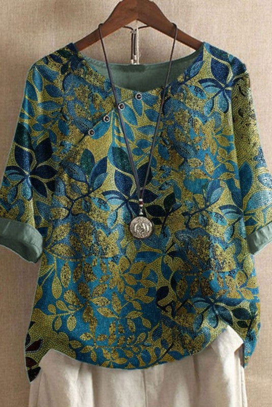 Elke - Blouse met halve mouwen, ronde hals en bladmotief