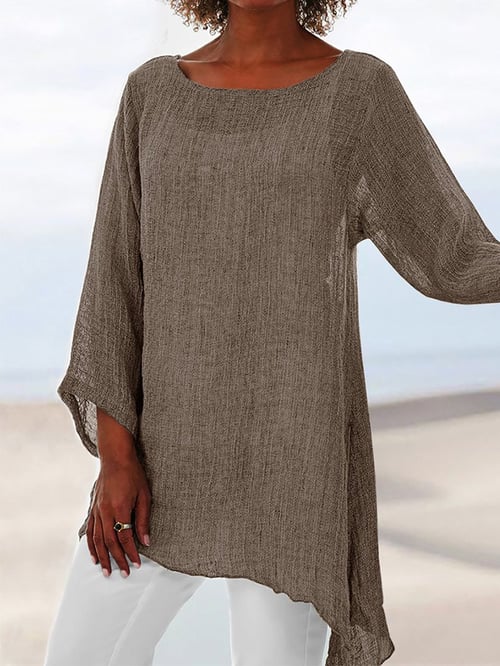 Esmee – Dames Top Met Effen Kleur, Ongelijke Zoom, Ronde Hals En Lange Mouwen