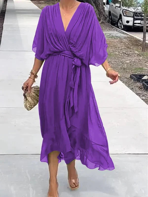 Roos - Elegante En Stijlvolle Chiffon Jurk Met V-hals