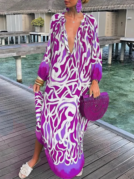 Evi - Losse Jurk Met Lange Mouw En V-Hals Temperament & Elegantie