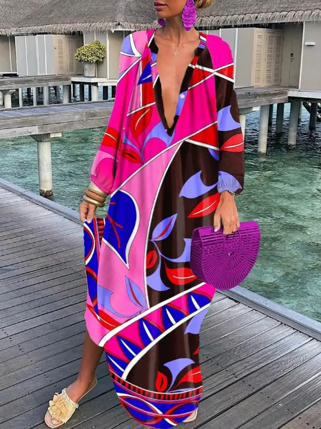 Evi - Losse Jurk Met Lange Mouw En V-Hals Temperament & Elegantie