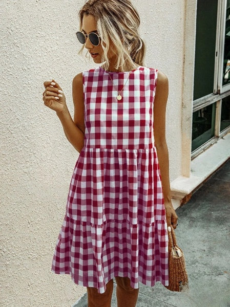 Liv - Fashion Ronde Hals Losse Vrouwelijke Ruit Jurk Taart Rok