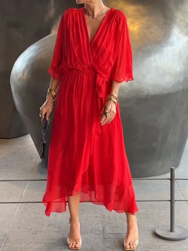 Roos - Elegante En Stijlvolle Chiffon Jurk Met V-hals