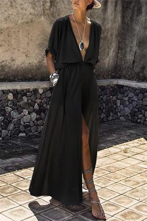 Tessa - Diepe V-Hals Effen Kleur Mid-Mouwen Grote Swing Split Lange Jurk