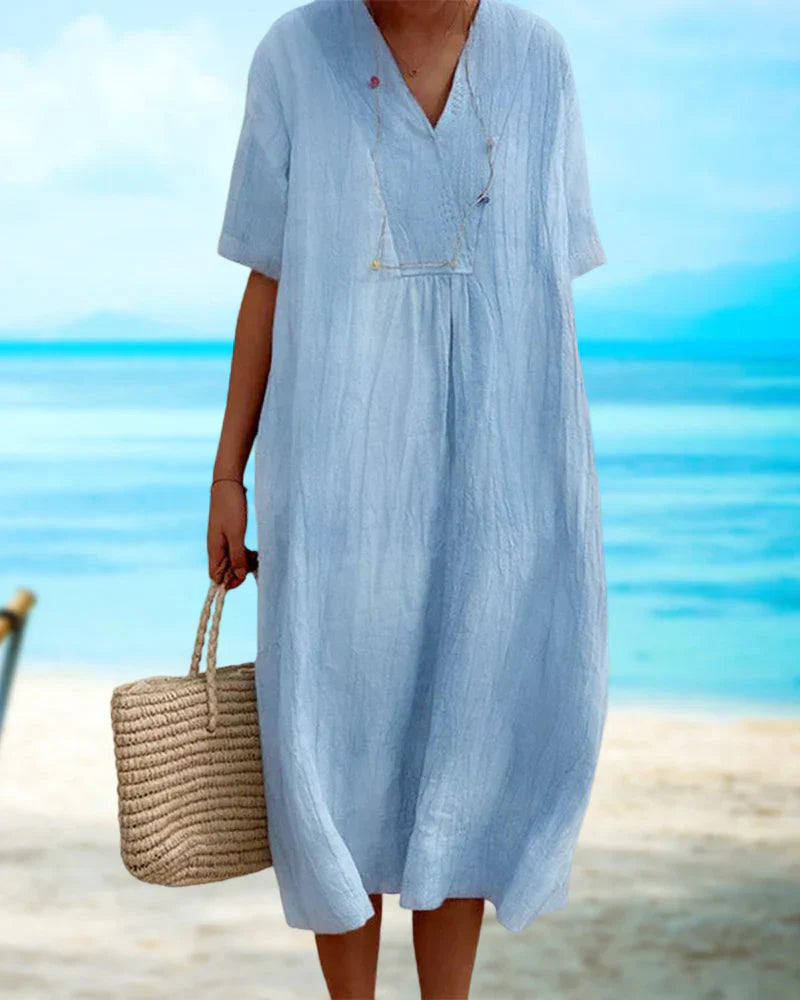 Delphine - V-hals jurk in effen kleur met halve mouw