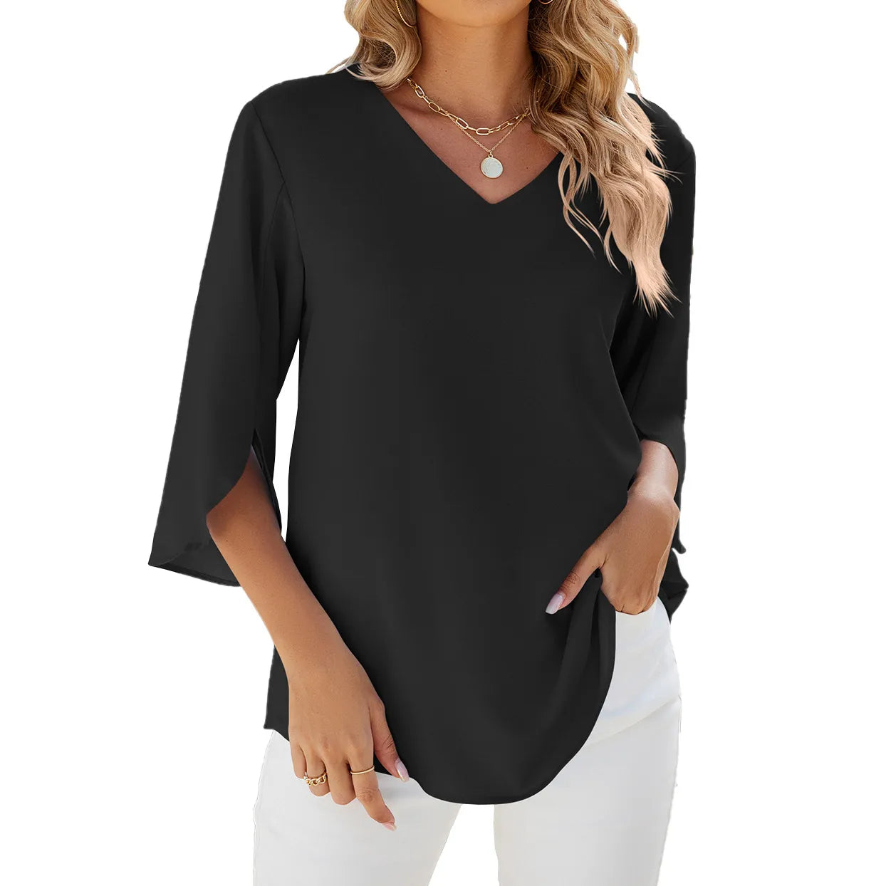 Karlijn - Dames Overhemden Korte Mouwen Tops Kapelhals Blouse Elegante Tuniek Shirt