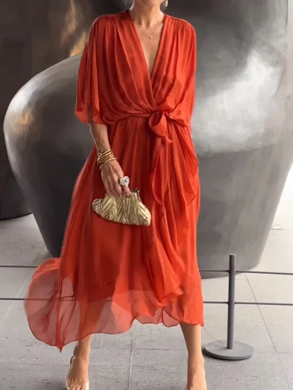 Roos - Elegante En Stijlvolle Chiffon Jurk Met V-hals