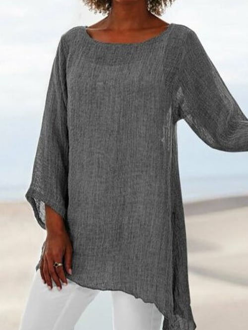 Esmee – Dames Top Met Effen Kleur, Ongelijke Zoom, Ronde Hals En Lange Mouwen