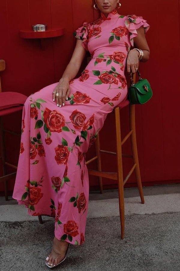 Jinte - Elegante Cheongsam Maxi Jurk Met Rozenbloemprint En Tiered Flare Mouwen