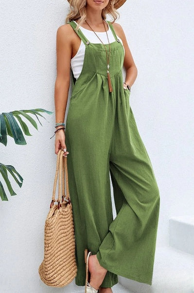 Bente - Vrouwen Vierkante Hals Effen Knopen Casual Vakantie Los Jumpsuits