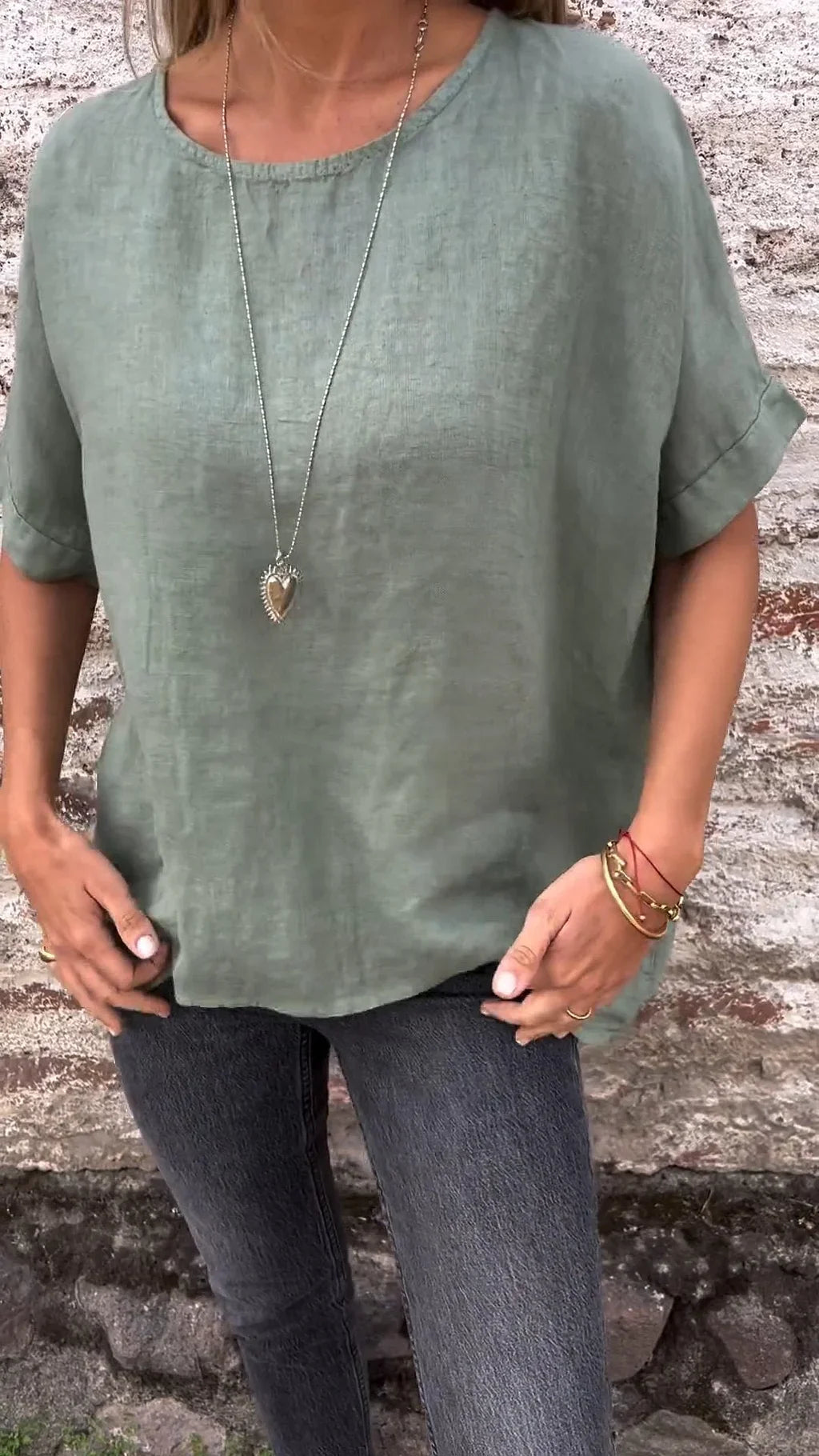 Ninthe - Katoenen Linnen Blouse Met Halve Mouwen En Ronde Hals In Effen Kleur