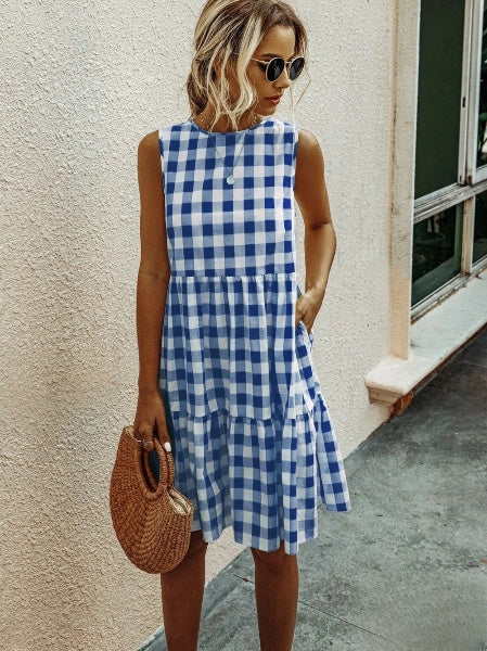 Liv - Fashion Ronde Hals Losse Vrouwelijke Ruit Jurk Taart Rok