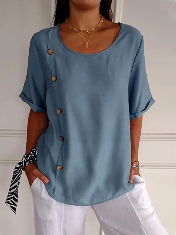 Bregje - Dames Shirt Met Casual Knoopsluiting In Katoen-en Linnen Print