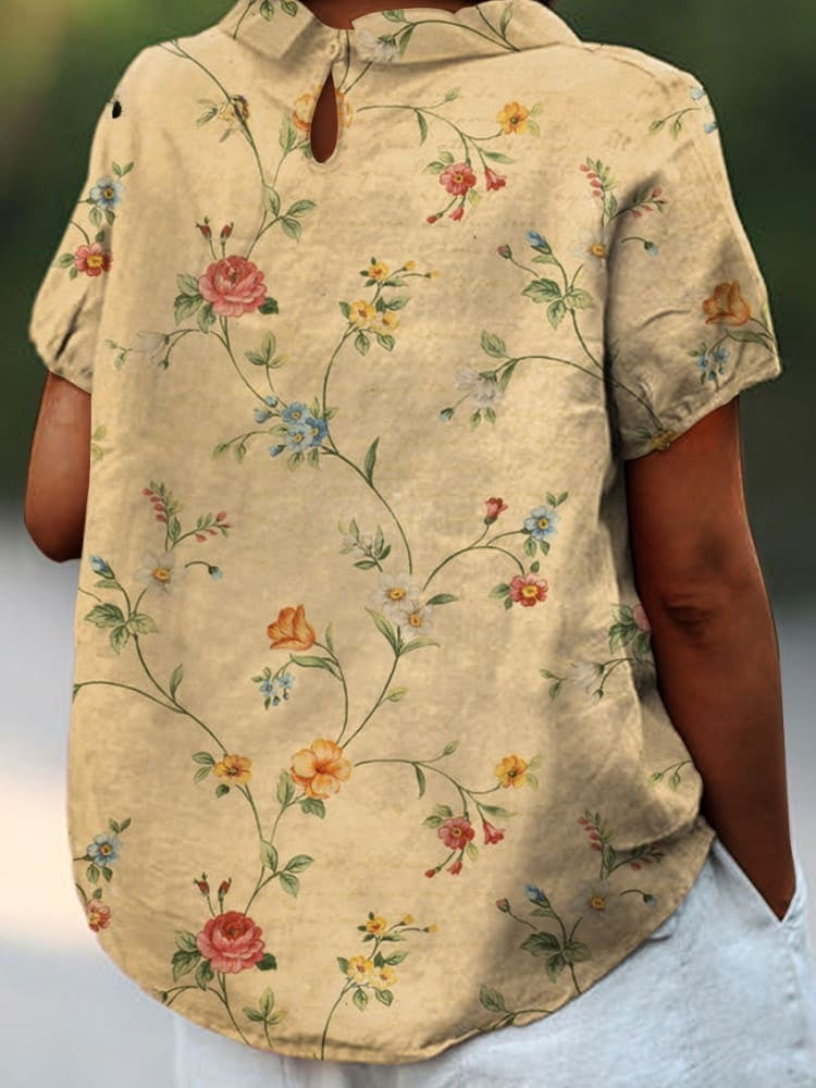 Lola - Damesoverhemd van katoen en linnen met retro bloemenprint
