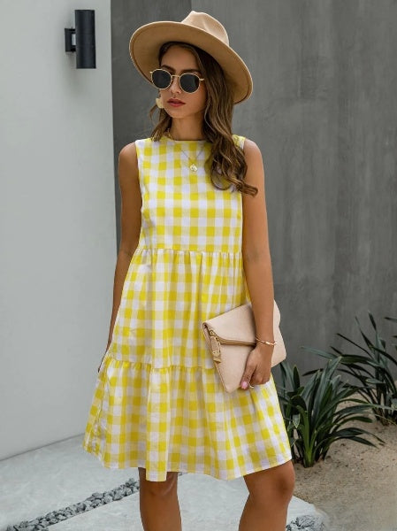 Liv - Fashion Ronde Hals Losse Vrouwelijke Ruit Jurk Taart Rok