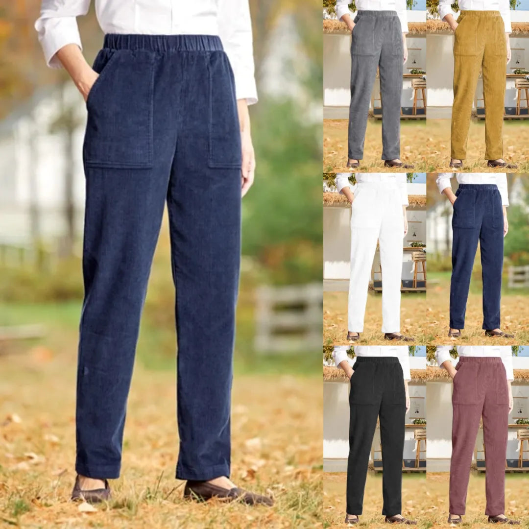 Daisy - Dames Elastische Elastische Taille Corduroy Rechte Pijp Casual Broek in Effen Kleur
