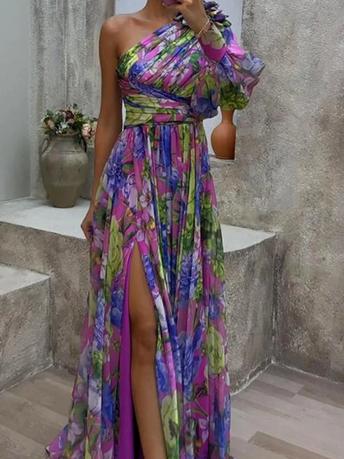 Marjolein - Paarse Print Met Zijsplit En Één Mouw Maxi Dress