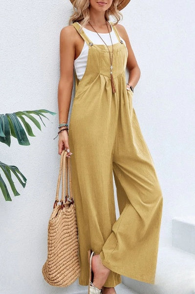 Bente - Vrouwen Vierkante Hals Effen Knopen Casual Vakantie Los Jumpsuits