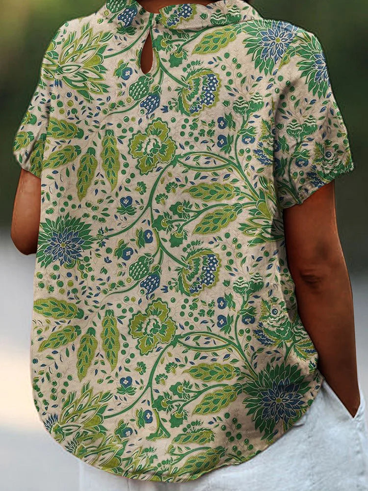 Marijke - Casual katoenen en linnen overhemd met artistieke bloemenprint voor dames