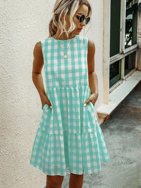 Liv - Fashion Ronde Hals Losse Vrouwelijke Ruit Jurk Taart Rok