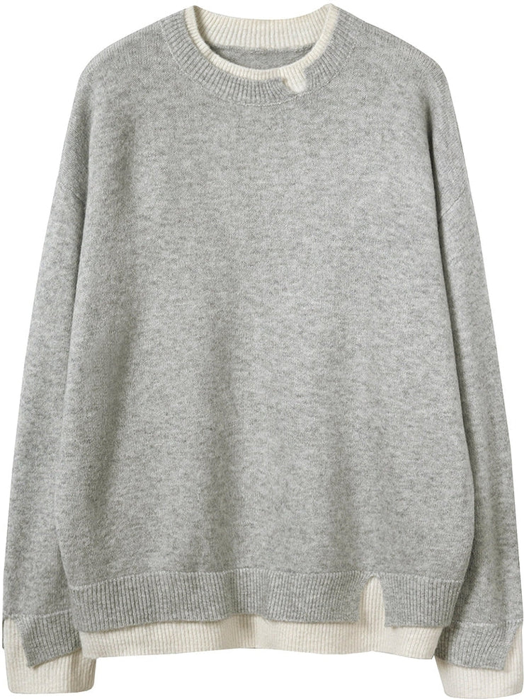 Tessa - Grijze En Witte Oversized Twofer-trui Met Lange Mouwen En Uitsnede