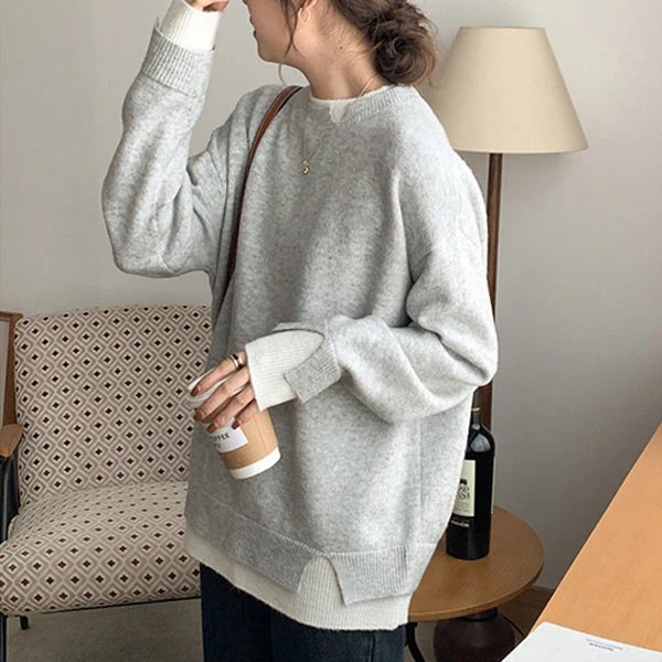Tessa - Grijze En Witte Oversized Twofer-trui Met Lange Mouwen En Uitsnede