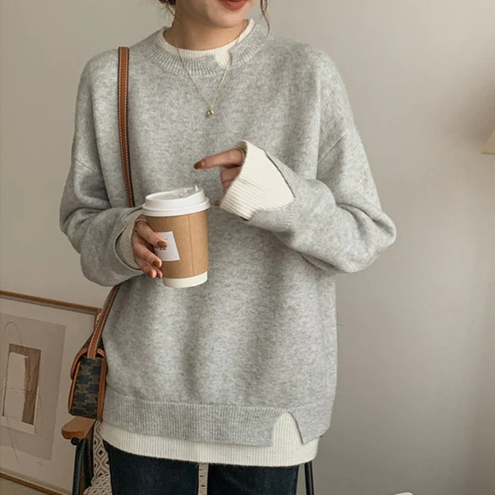 Tessa - Grijze En Witte Oversized Twofer-trui Met Lange Mouwen En Uitsnede