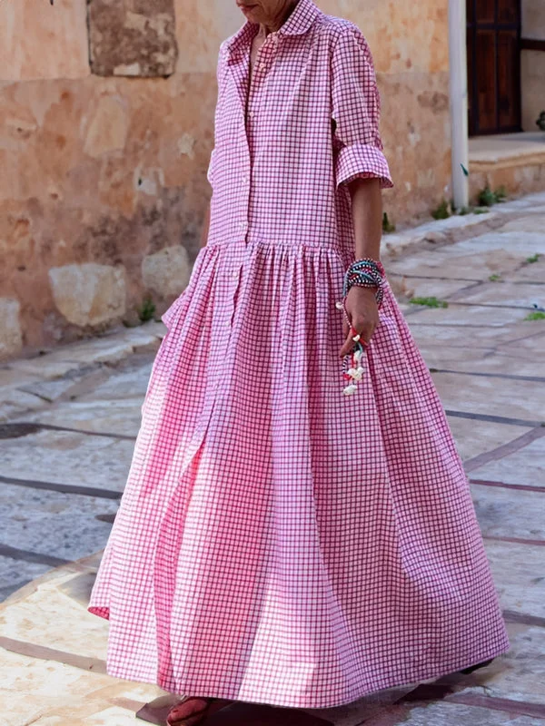 Juna - Casual Lange Mouwen Katoen Linnen Plaid Shirt Swing Dress