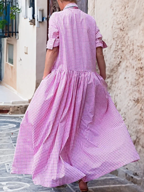 Juna - Casual Lange Mouwen Katoen Linnen Plaid Shirt Swing Dress