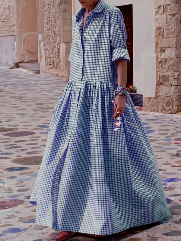Juna - Casual Lange Mouwen Katoen Linnen Plaid Shirt Swing Dress
