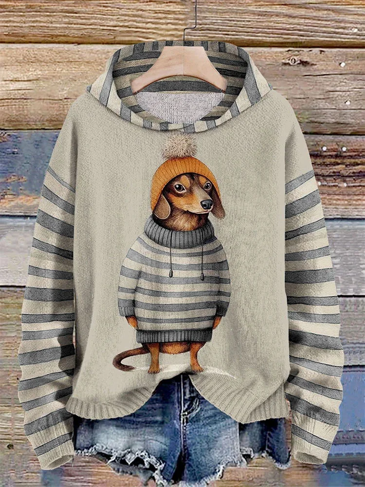 Hinke - Dames Sweater Met Capuchon En Gestreept Teckelpatroon