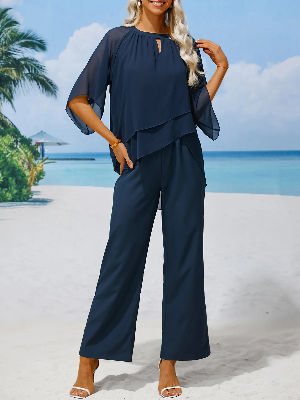 Bo - Urban Tweedelige Set Met Elegante Ronde Halslijn In Effen Chiffon