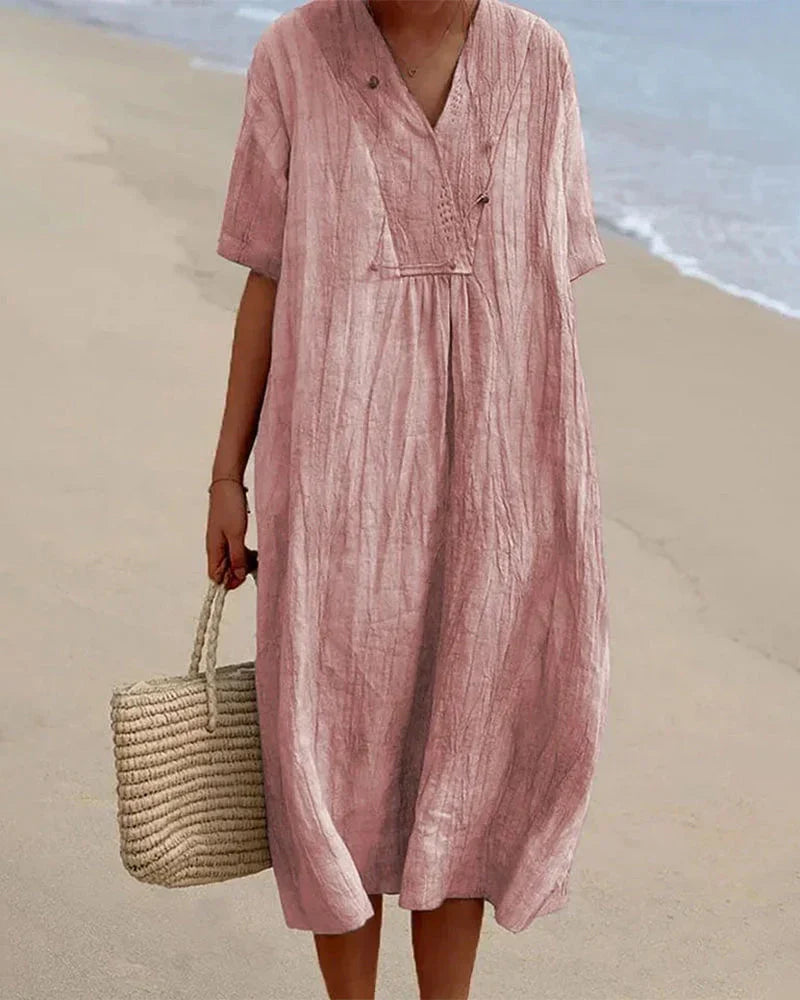 Delphine - V-hals jurk in effen kleur met halve mouw
