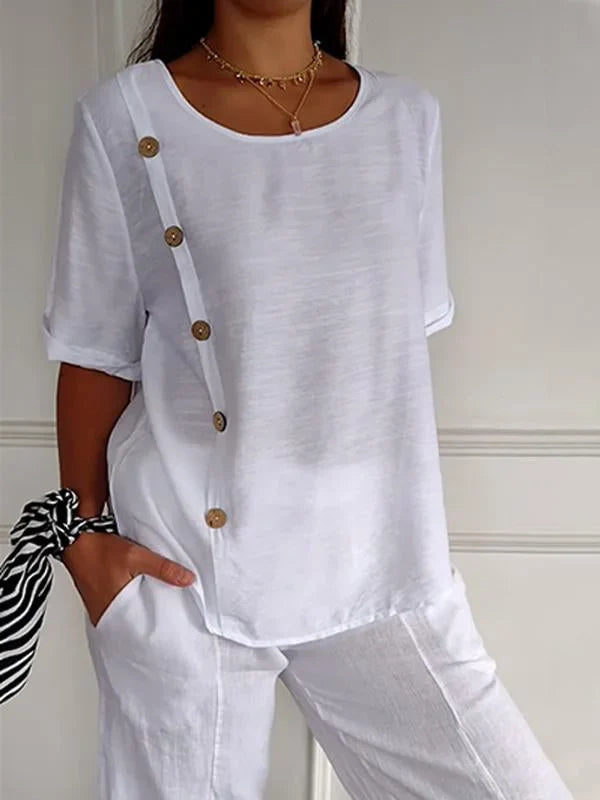 Bregje - Dames Shirt Met Casual Knoopsluiting In Katoen-en Linnen Print