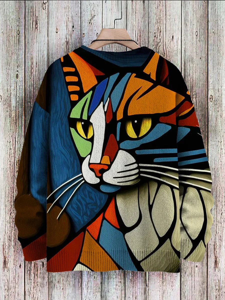 Inez - Casual Gebreide Trui Met Veelkleurige Abstracte Kattenprint