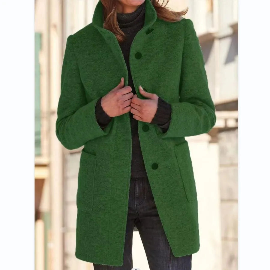 Rachel - Dames Retro Effen Wollen Knoop Coltrui Jas