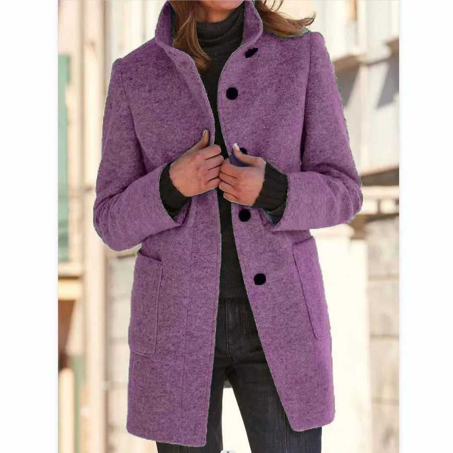 Rachel - Dames Retro Effen Wollen Knoop Coltrui Jas
