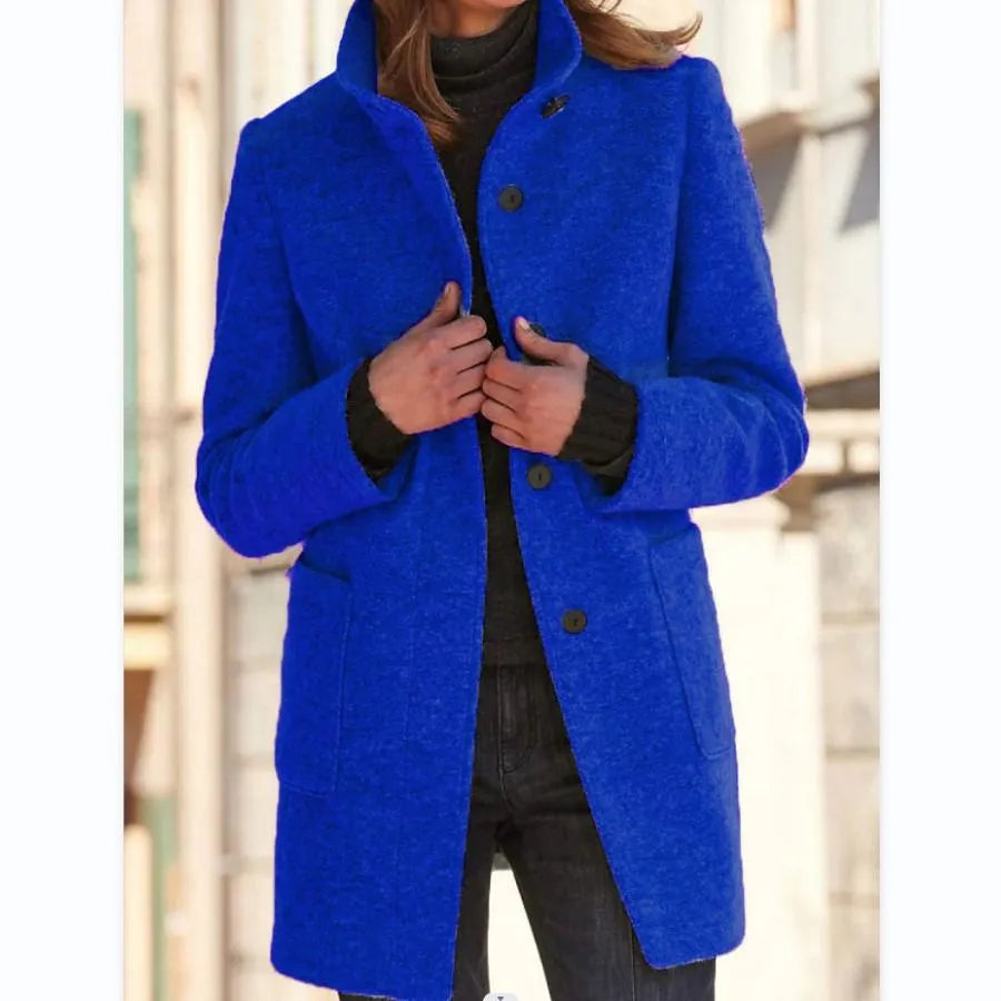 Rachel - Dames Retro Effen Wollen Knoop Coltrui Jas