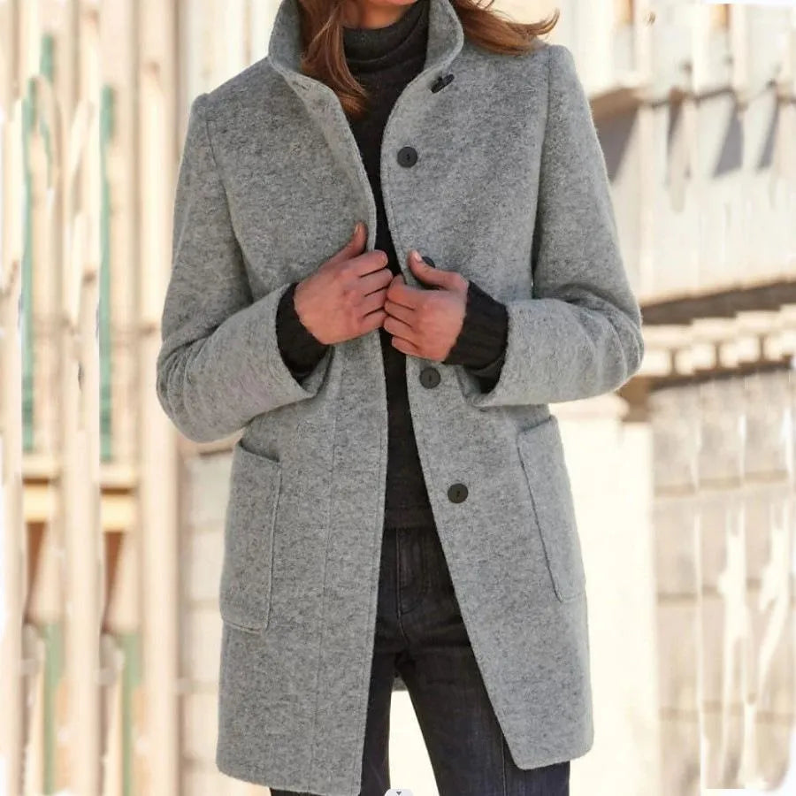 Rachel - Dames Retro Effen Wollen Knoop Coltrui Jas