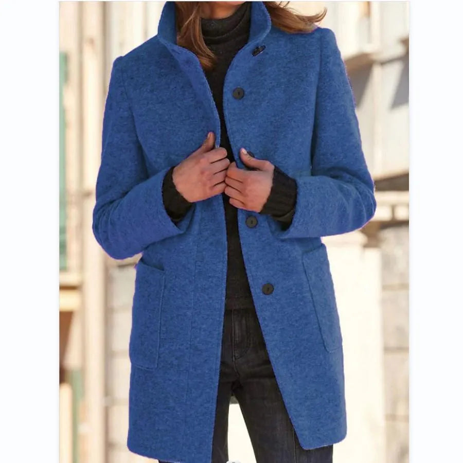 Rachel - Dames Retro Effen Wollen Knoop Coltrui Jas