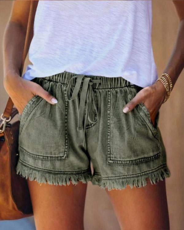 Aria - Effen Denim Shorts met Trekkoord