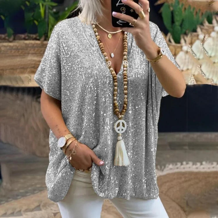 Penny - Pailletten V-Hals T-shirt