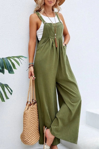 Bente - Vrouwen Vierkante Hals Effen Knopen Casual Vakantie Los Jumpsuits
